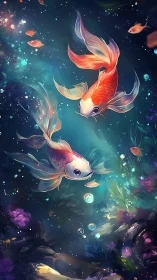 Glow-lit koi fish drift through dreamy underwater garden.