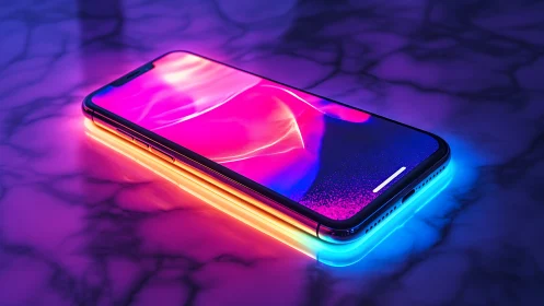 Neon-lit smartphone rendered with high-contrast cyberpunk lighting