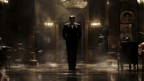 Formal figure in neo-baroque hall under cinematic haze.