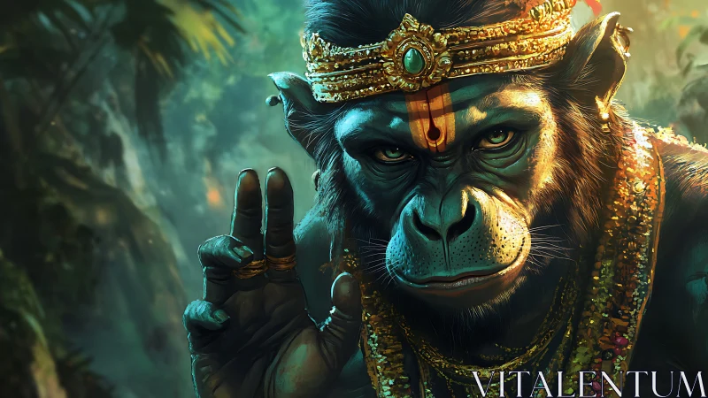 Divine monkey warrior raises a blessing hand in jungle light