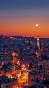 Twilight hillside cityscape with minaret, traffic light trails, moon