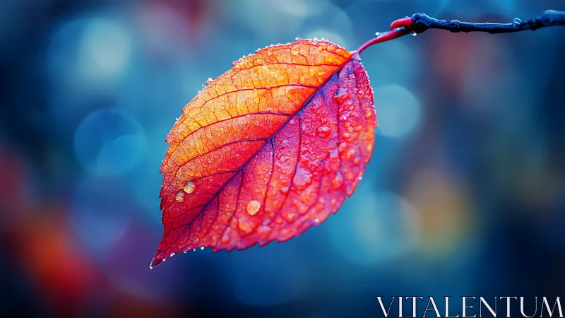 Single dewy autumn leaf glowing against soft blue bokeh.