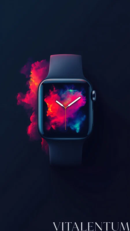 Smartwatch displays vibrant neon cloud against dark space