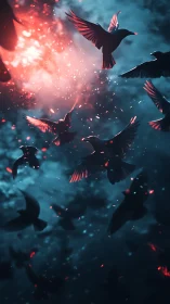 Emberlit Ravens Spiral Through Neon Twilight Sky.