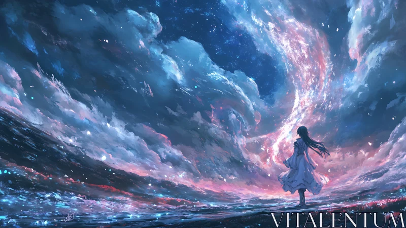 Girl in white dress under swirling cosmic night sky.