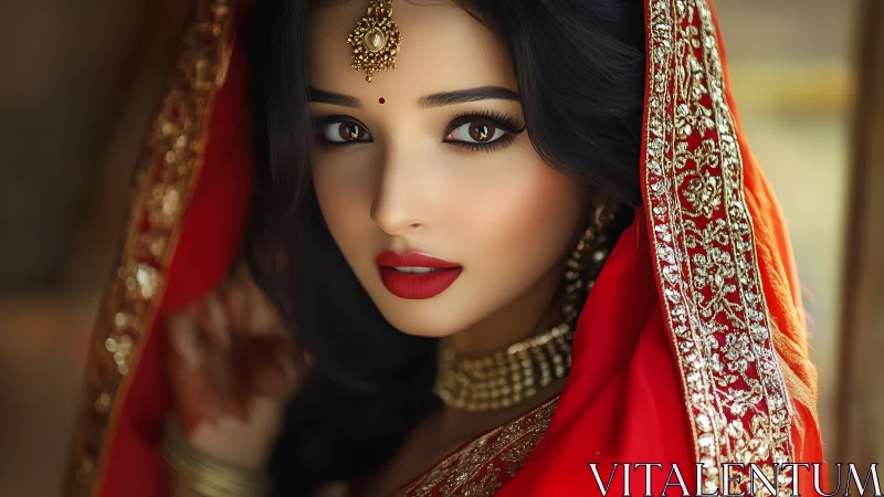 Bridal portrait in ornate red sari rendered photorealistically