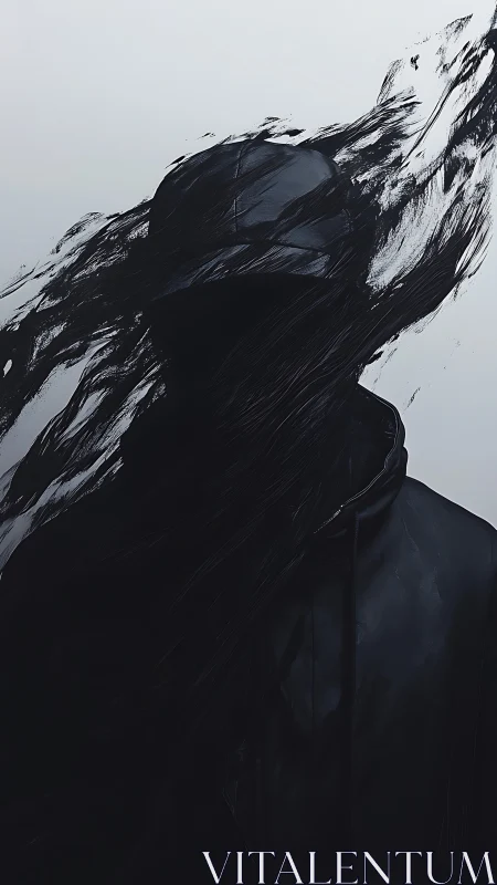 Abstract hooded figure dissolves into dynamic black brushstrokes
