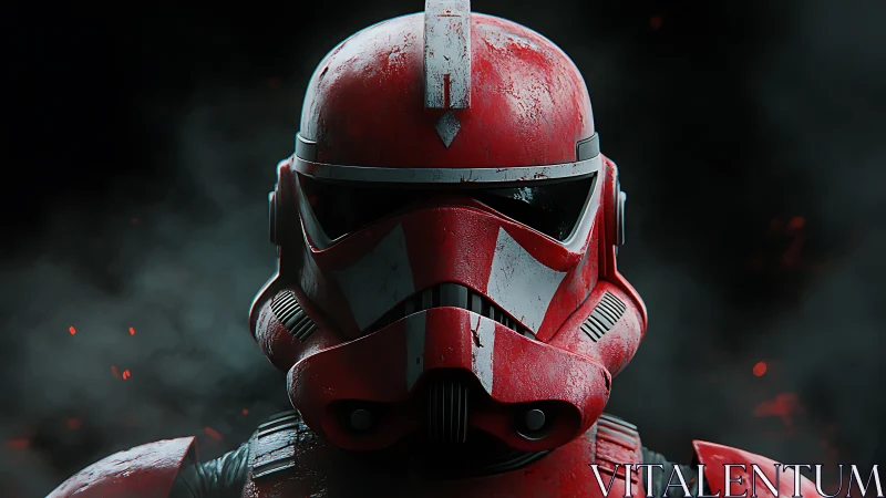 High-detail red combat helmet render with cinematic lighting.