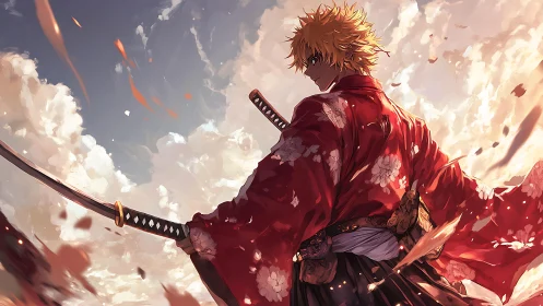 Backlit samurai swordsman in dynamic cloudscape composition.