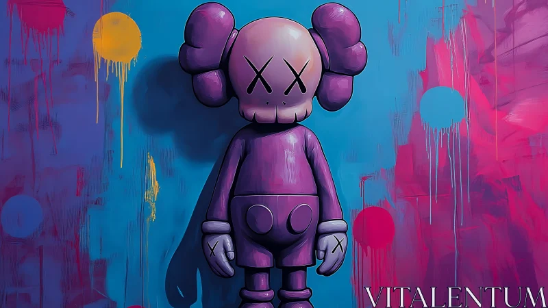 Melancholy toy sentinel in neon-splashed street art dreamscape.