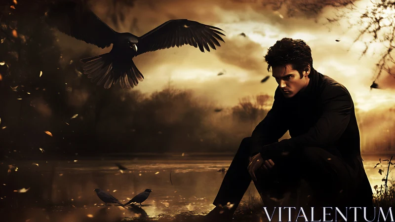 Brooding young man meets dark ravens by a haunted sunset lake