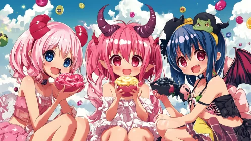 Cute demon girls sharing colorful desserts in the sky.