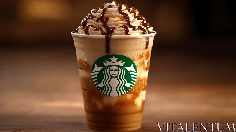 Iced caramel coffee drink glows on a warm wooden tabletop