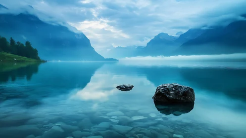 Mountain lake reflects misty peaks under soft blue dawn