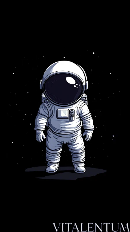 Lone astronaut illustration against deep starfield void.