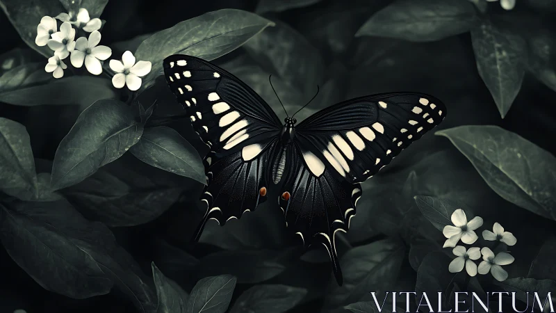 Black swallowtail butterfly on dark foliage with white blooms.