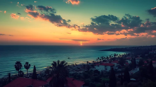 Coastal town shoreline under vivid orange sunset sky.