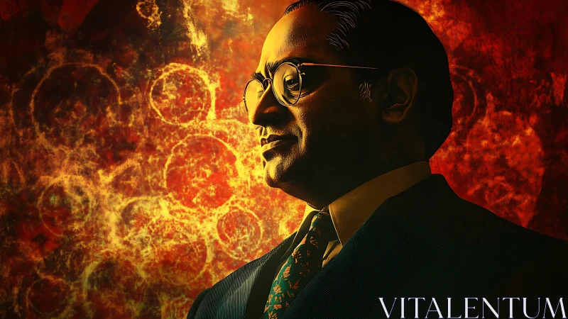 Side-lit male portrait against fractal, high-contrast circular background