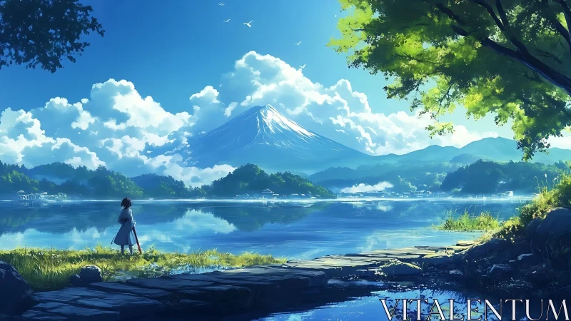 Figure observes distant mountain across reflective lake surface