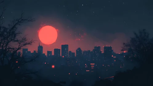 Crimson moonlight gently settles over a quiet city skyline