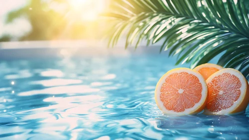 Sunlit grapefruit halves rest in a sparkling tropical pool