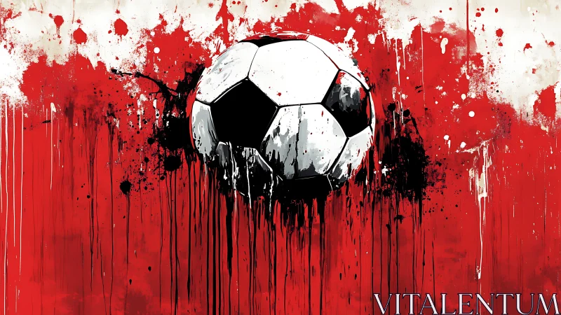 Bold soccer ball bursts through red splattered paint energy