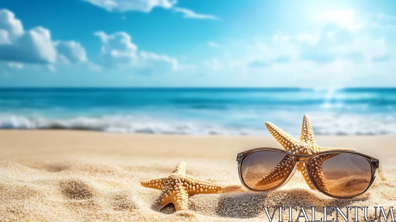 Starfish and sunglasses on sunny tropical beach sand.