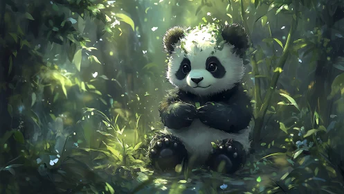 Digital illustration of young panda in dense green forest.