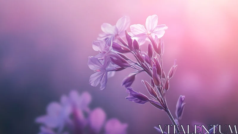 Purple and White Flowering Plant Against Gradient Pink Background.