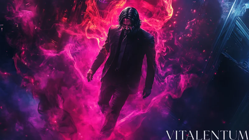 Dark-suited warrior descends through blazing neon chaos.