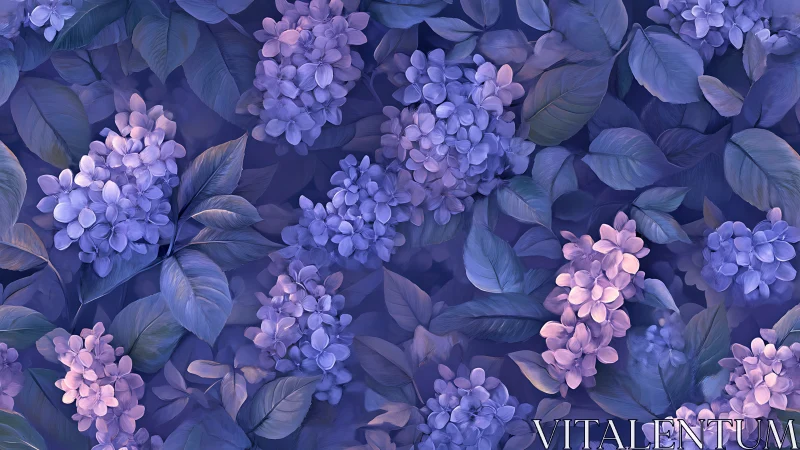 Purple Hydrangea Blooms with Layered Foliage Study.