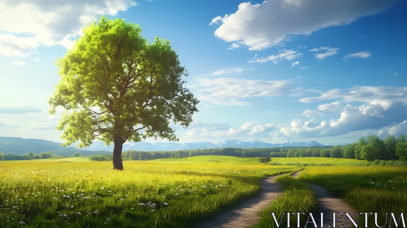 Solitary green tree beside winding path in open field.