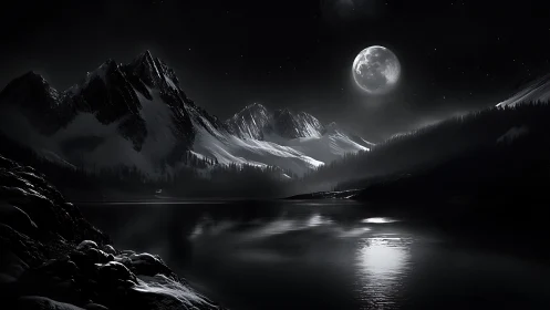 Moonlit alpine ghosts over a silver-black stillwater lake.