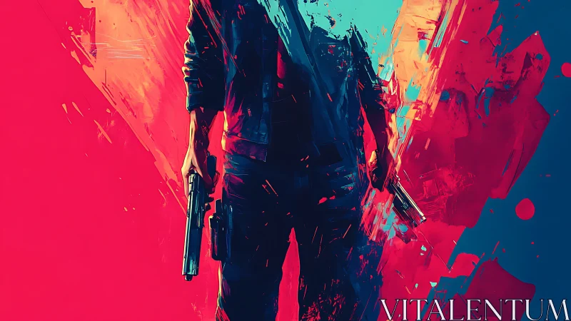 Dynamic gunman silhouette rendered in high-contrast neon palette