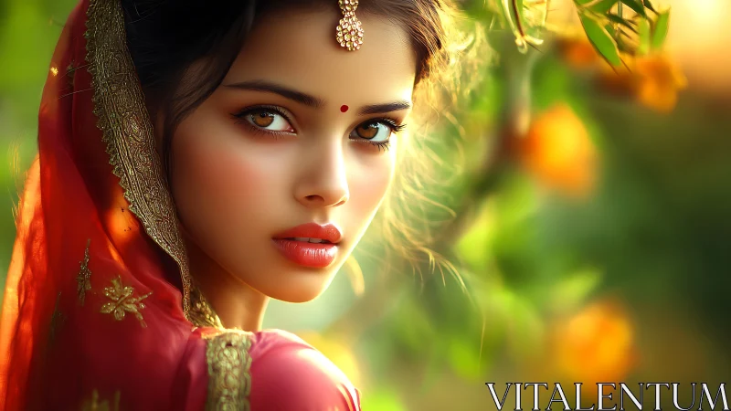Digital portrait shows woman in red sari against blurred foliage