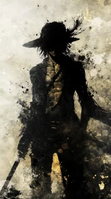Silhouetted swordsman stands in splattered ink abstraction