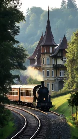 Steam excursion train rounding forest curve by turreted villa