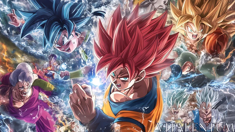 Multiple energy-charged anime fighters in dynamic formation.