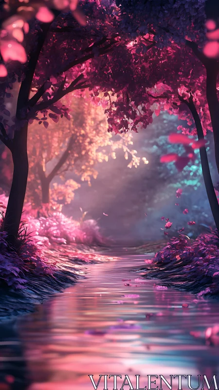 Dreamlike pink forest stream shimmers in soft evening light