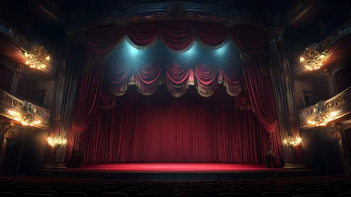 Proscenium stage with draped crimson curtain under spotlights.