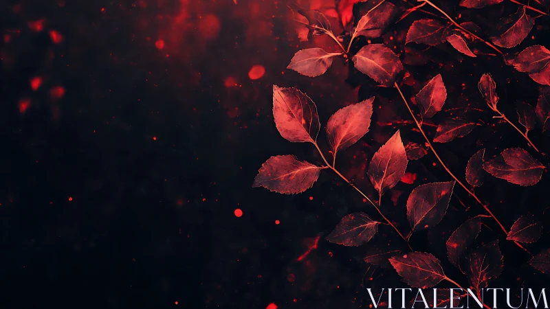 Crimson foliage diagonals contrast against dark negative space