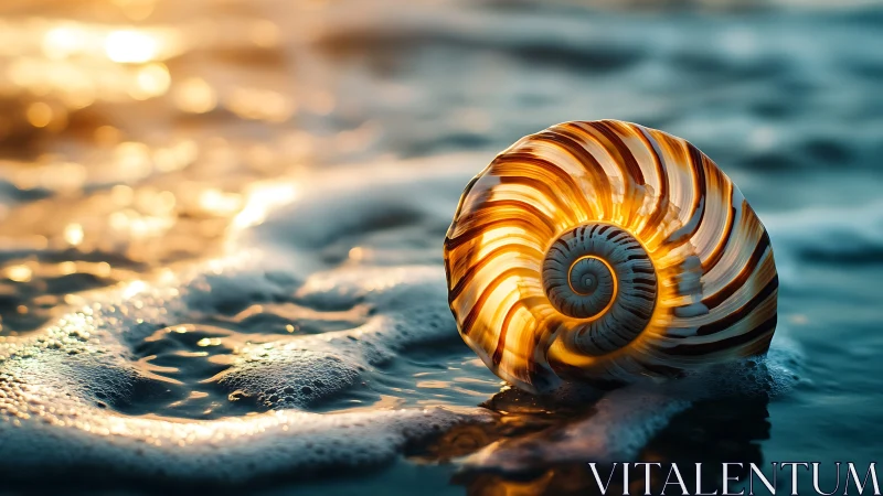 Striped seashell rests in shallow surf at warm sunset light