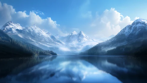 Snow-capped mountains rise over a glassy alpine lake at dawn