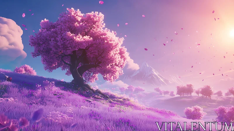 Blossoming pink tree anchors a luminous fantasy valley landscape