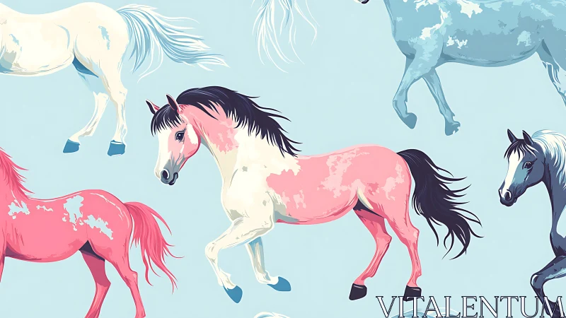 Pastel horses prance across soft blue seamless pattern.