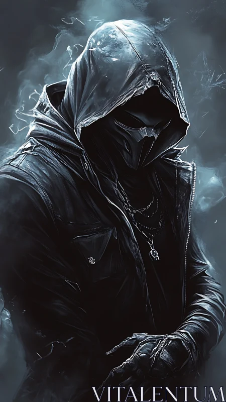 Hooded masked figure in dark jacket with moody smoke background.