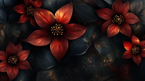 Deep Crimson Blooms Against Obsidian Foliage: Digital Floral Composition.