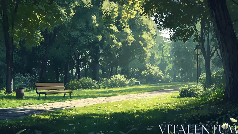 Park pathway with wooden bench beneath dense tree canopy