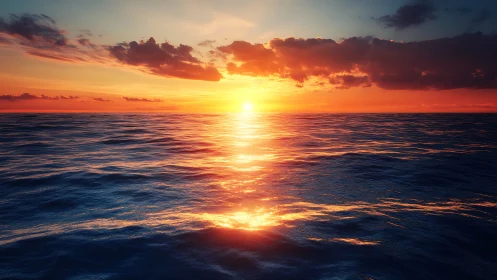 Calm ocean horizon under vivid orange sunset light.