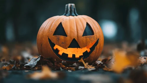 Glowing jack-o'-lantern smiles amid fallen autumn leaves.